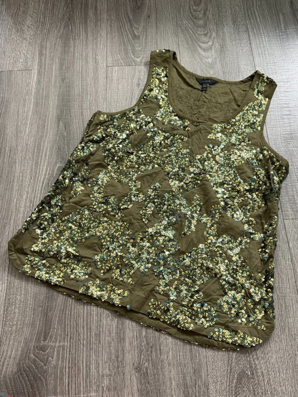 J. Crew Iridescent Sequin Tank Top Olive Green 100% Cotton Women Size 12